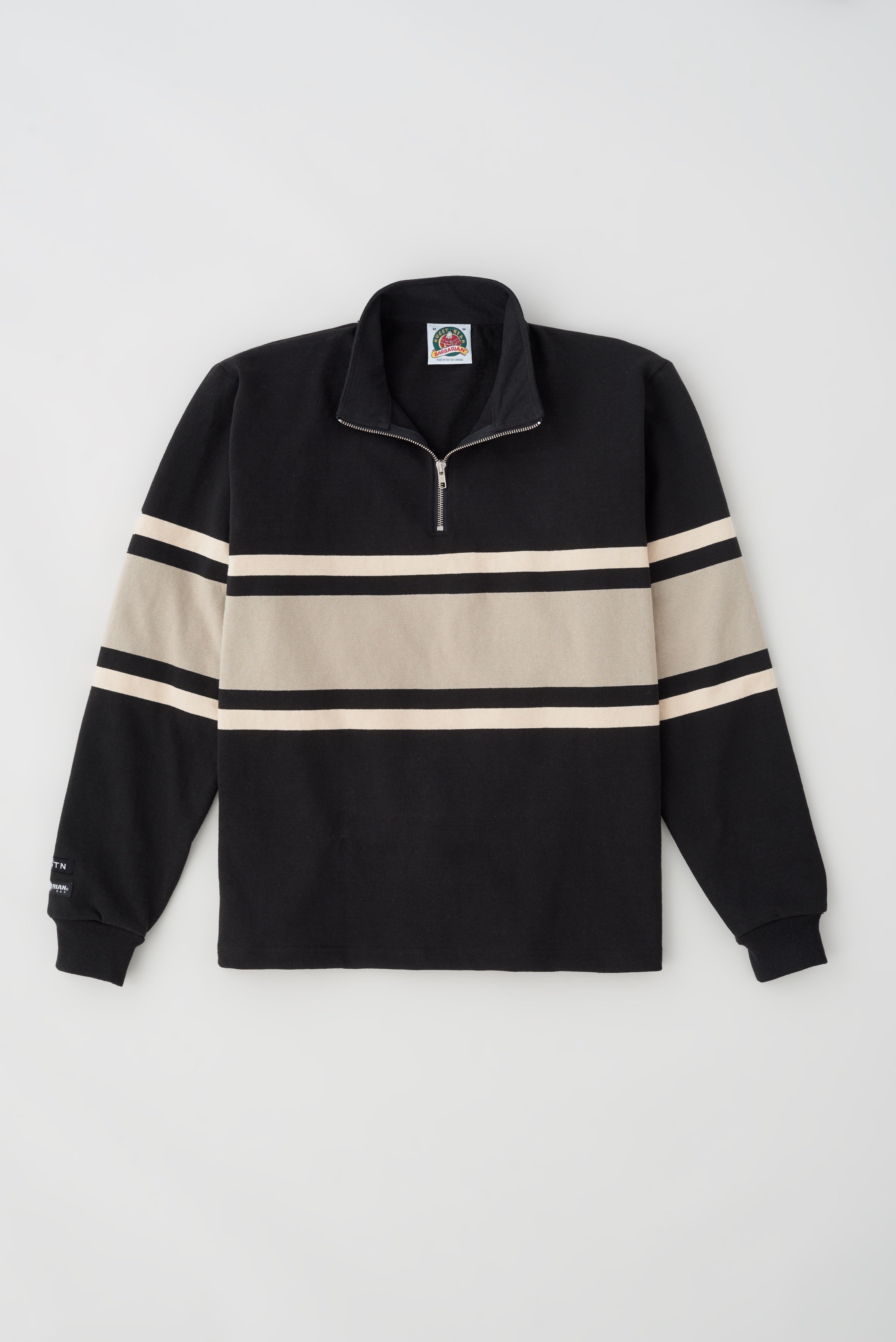 Men's Barbarian Zip Rugby in Black/Taupe Stripe