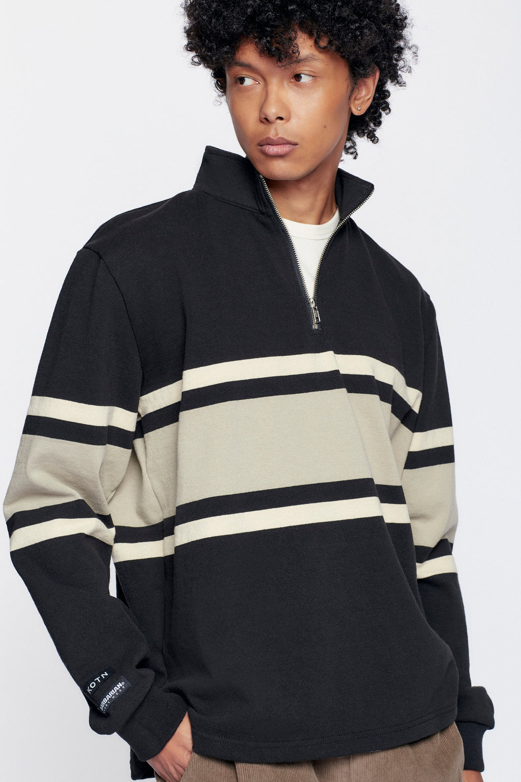 Men's Barbarian Zip Rugby in Black/Taupe Stripe