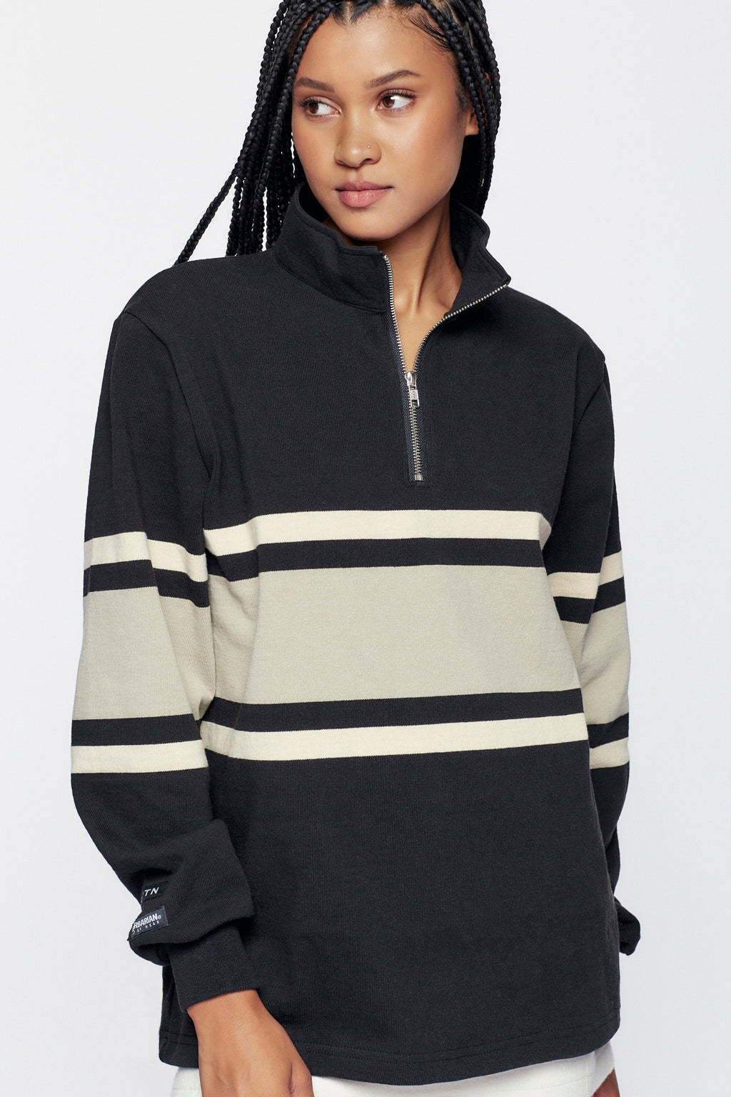 Men's Barbarian Zip Rugby in Black/Taupe Stripe