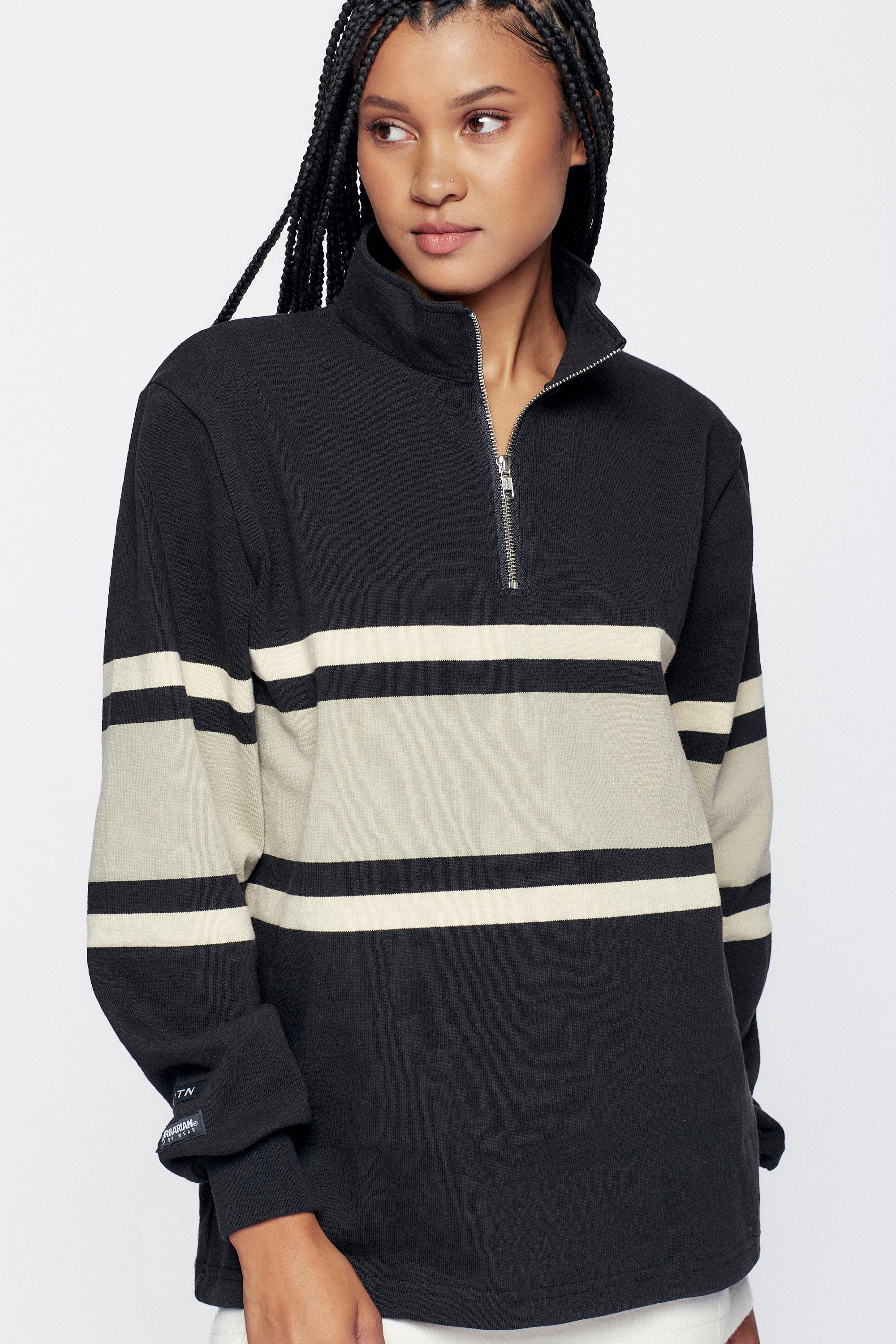 Men's Barbarian Zip Rugby in Black/Taupe Stripe